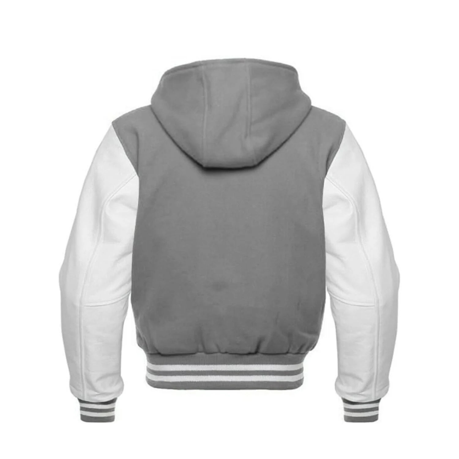 Grey Wool and White Leather Hooded Varsity Jacket Back Side