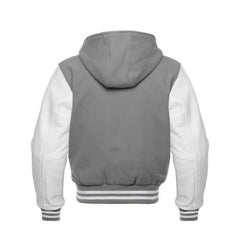 Grey Wool and White Leather Hooded Varsity Jacket Back Side