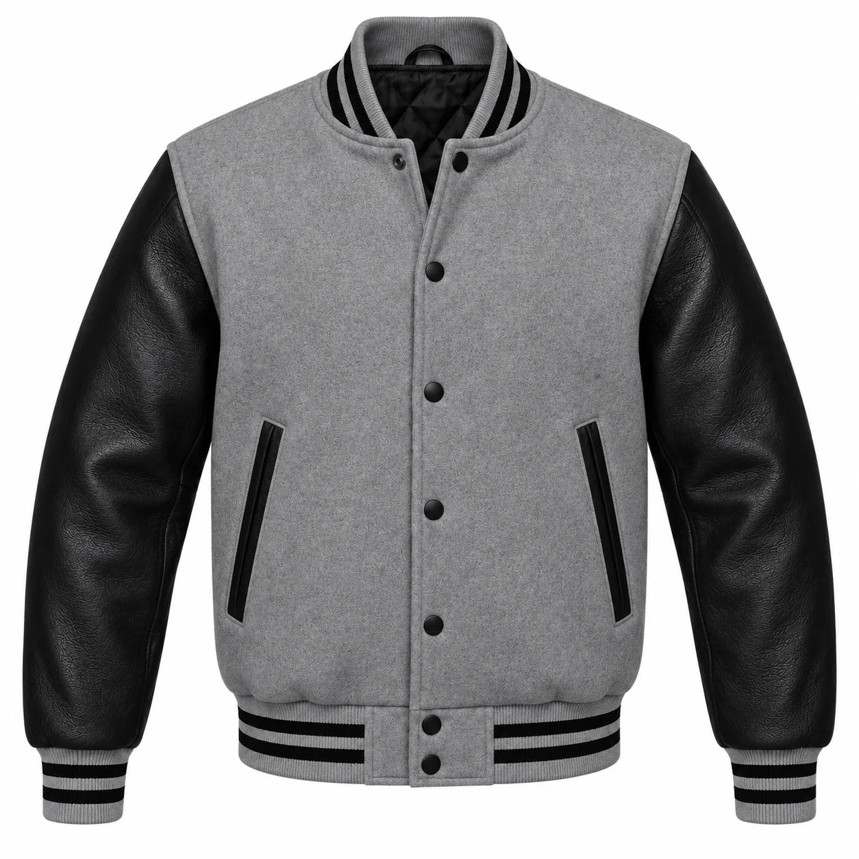 Grey and Black Varsity Jacket with Wool Body and Leather Sleeves