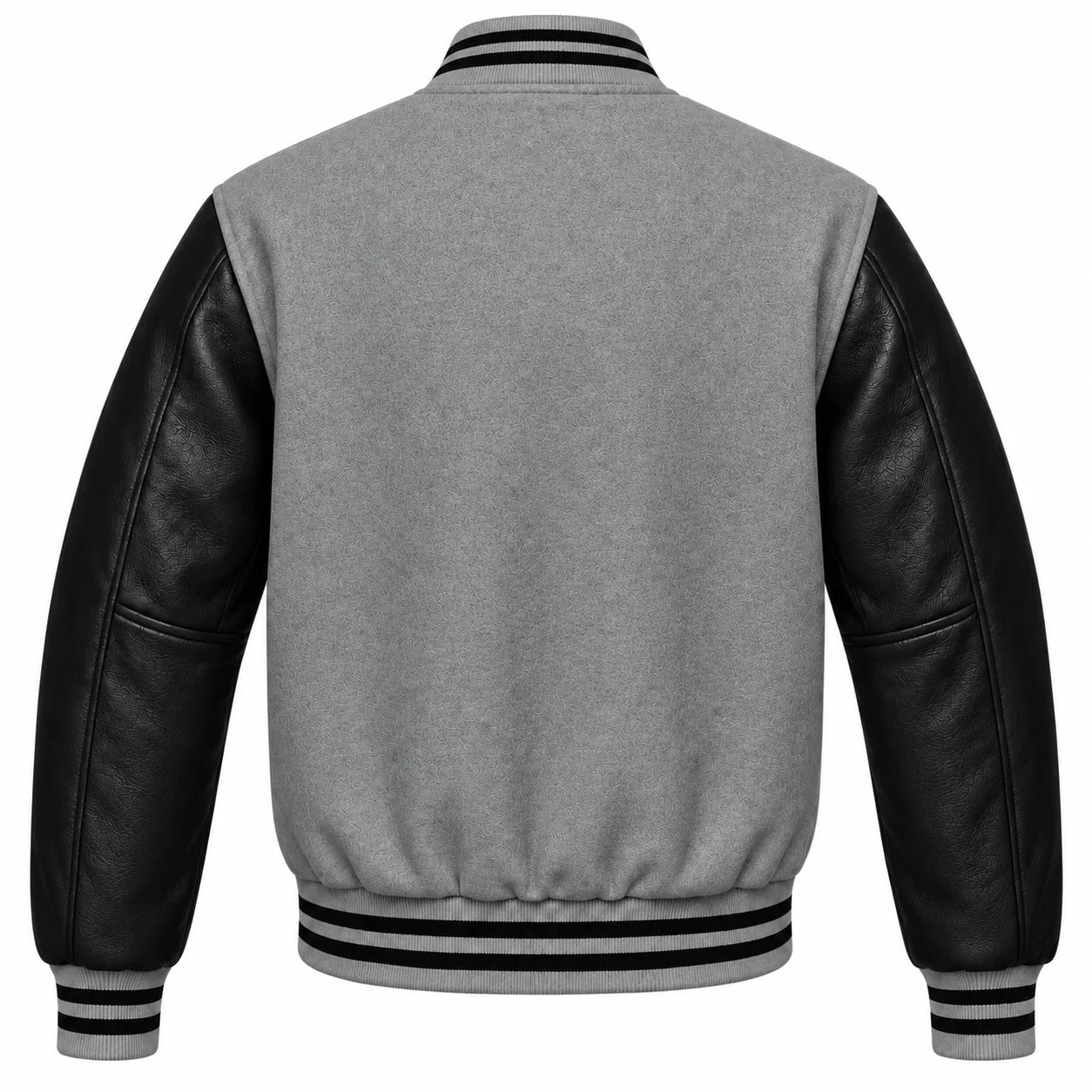 Grey and Black Varsity Jacket with Wool Body and Leather Sleeves Back View