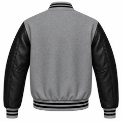 Grey and Black Varsity Jacket with Wool Body and Leather Sleeves Back View