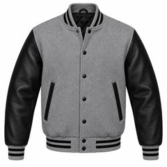 Grey and Black Varsity Jacket with Wool Body and Leather Sleeves