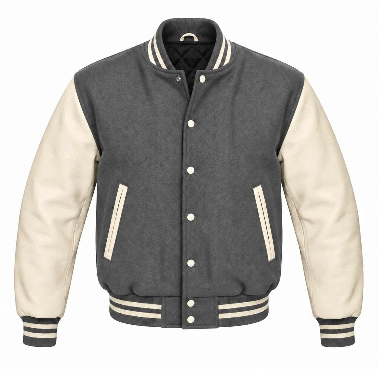 Grey and Cream Varsity Jacket with Wool Body and Leather Sleeves