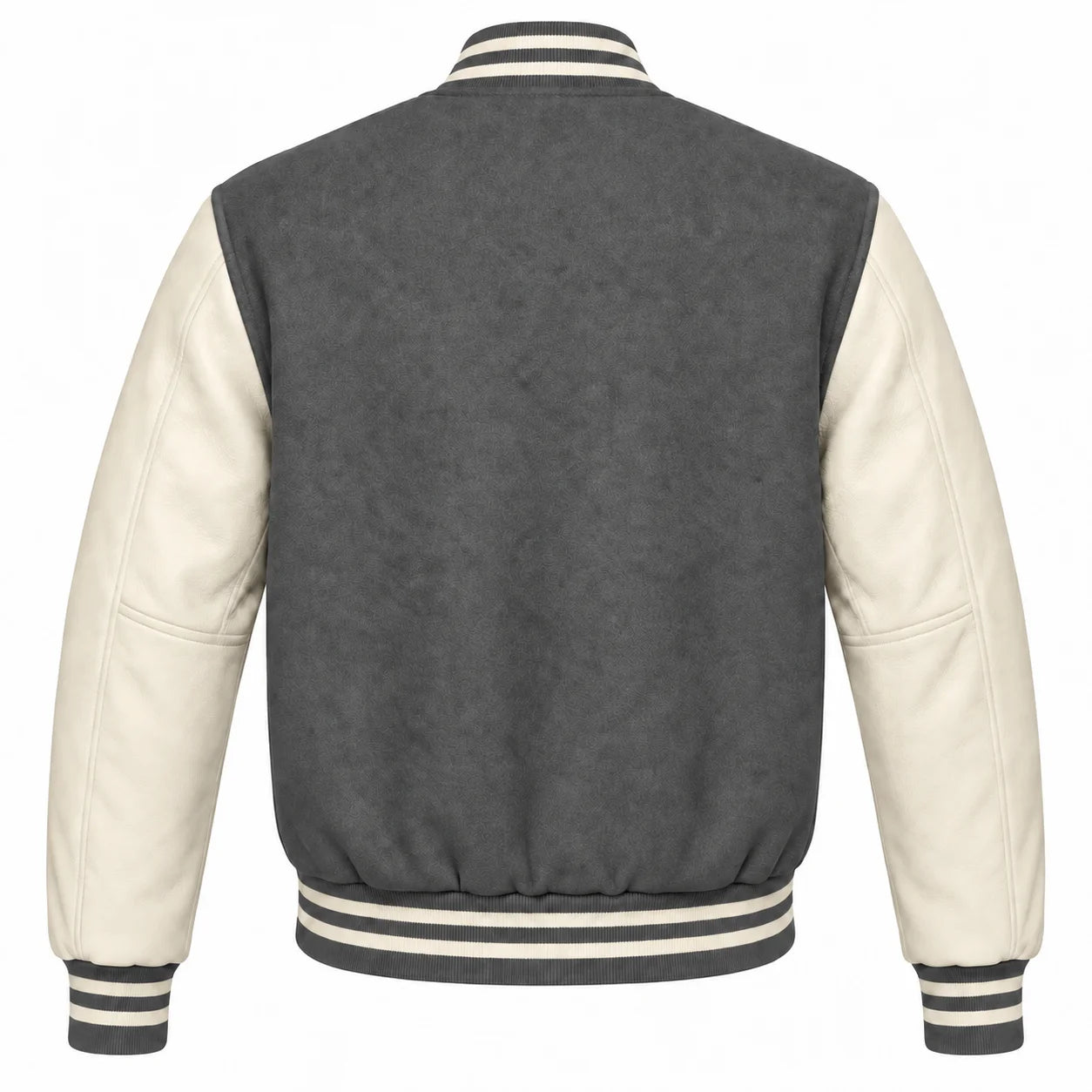 Grey and Cream Varsity Jacket with Wool Body and Leather Sleeves Back View