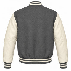 Grey and Cream Varsity Jacket with Wool Body and Leather Sleeves Back View