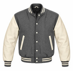 Grey and Cream Varsity Jacket with Wool Body and Leather Sleeves