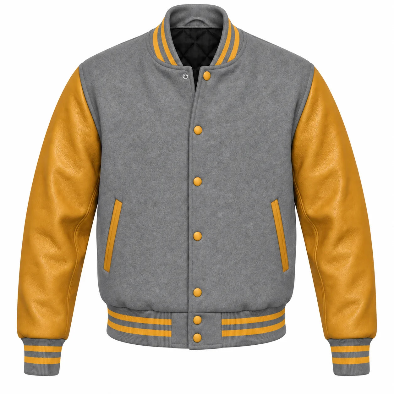Grey and Gold Varsity Jacket with Wool Body and Leather Sleeves