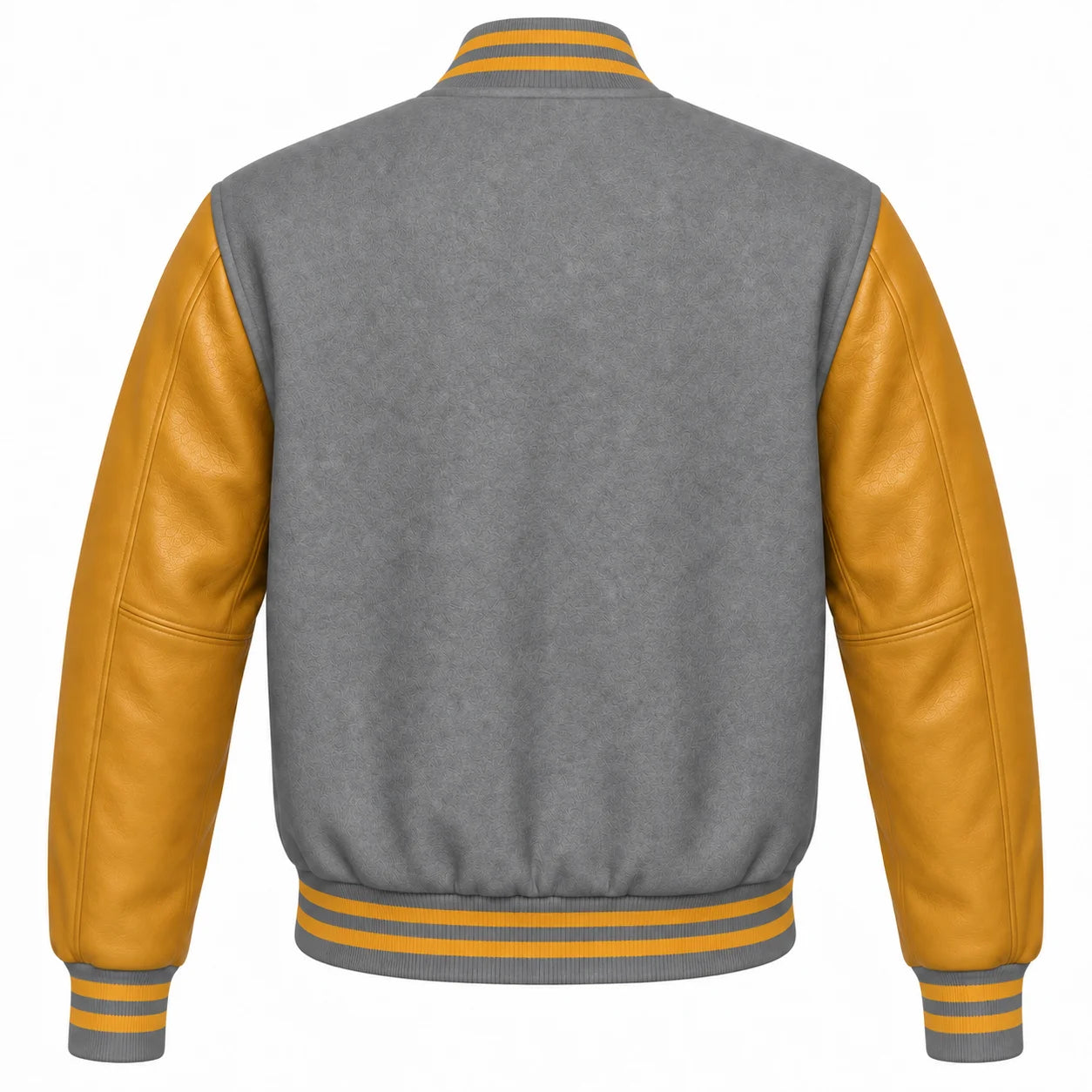 Grey and Gold Varsity Jacket with Wool Body and Leather Sleeves Back Side