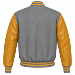 Grey and Gold Varsity Jacket with Wool Body and Leather Sleeves Back Side