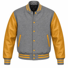Grey and Gold Varsity Jacket with Wool Body and Leather Sleeves