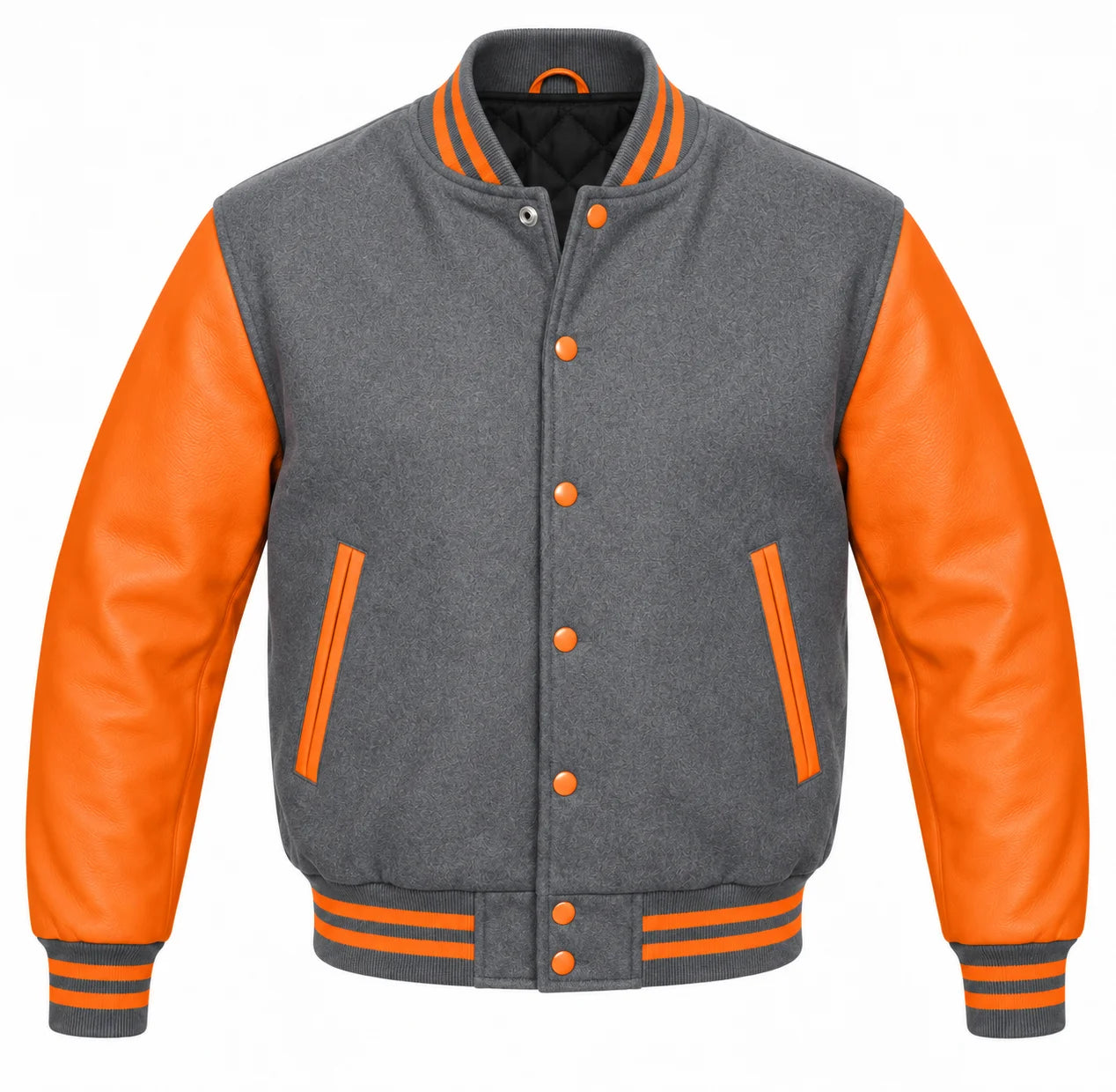Grey and Orange Varsity Jacket with Wool Body and Leather Sleeves