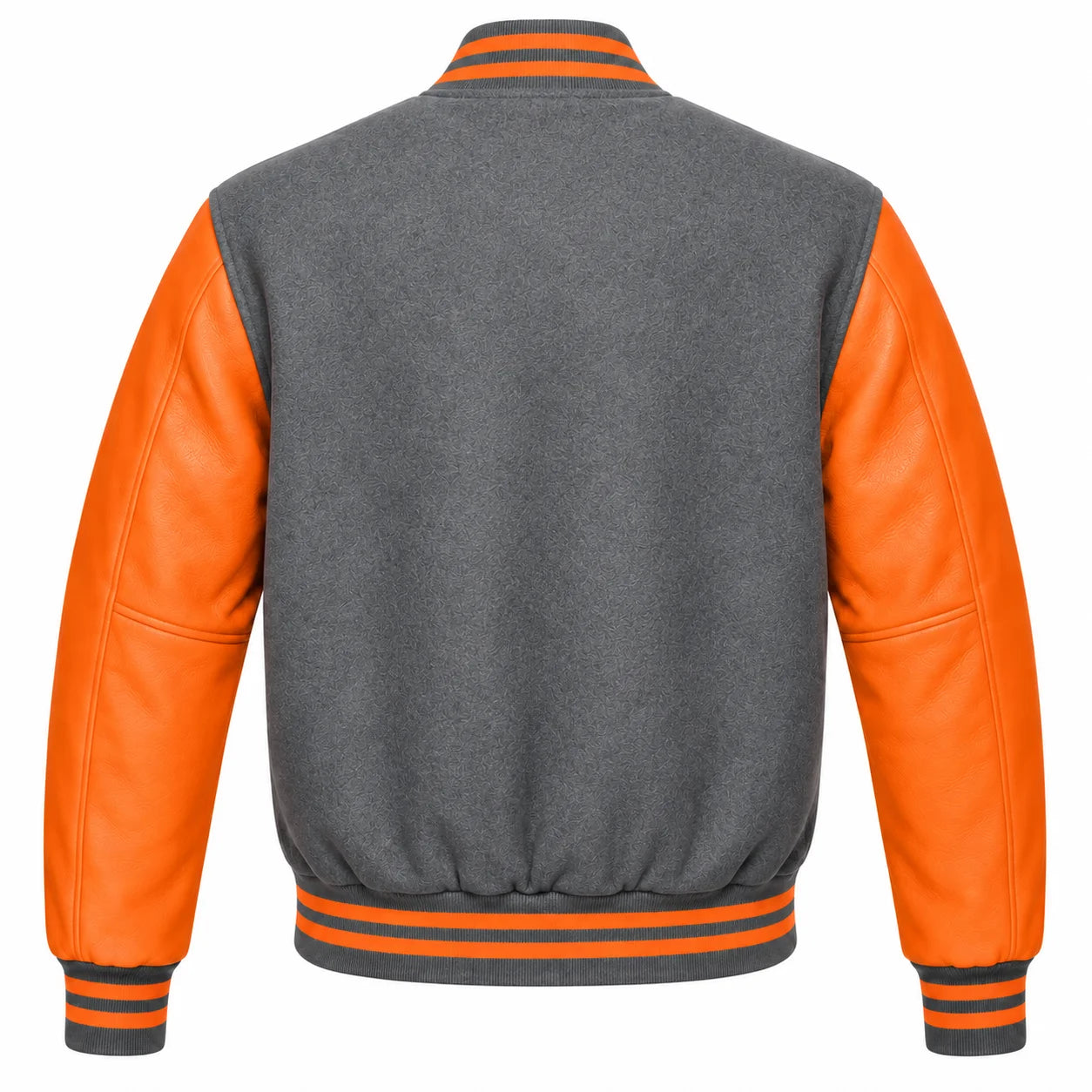 Grey and Orange Varsity Jacket with Wool Body and Leather Sleeves Back View