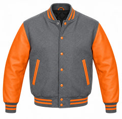 Grey and Orange Varsity Jacket with Wool Body and Leather Sleeves