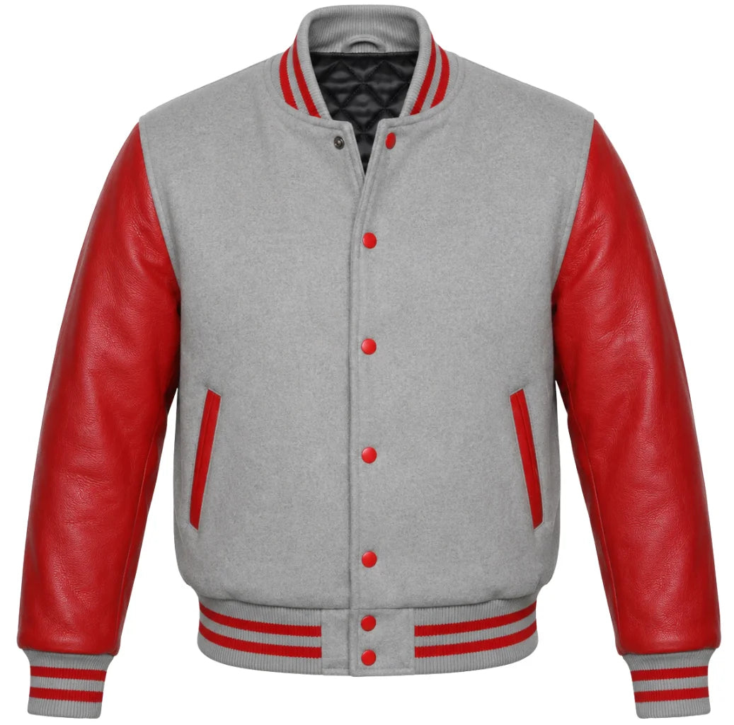 Grey melton wool varsity jacket with red leather sleeves, front view