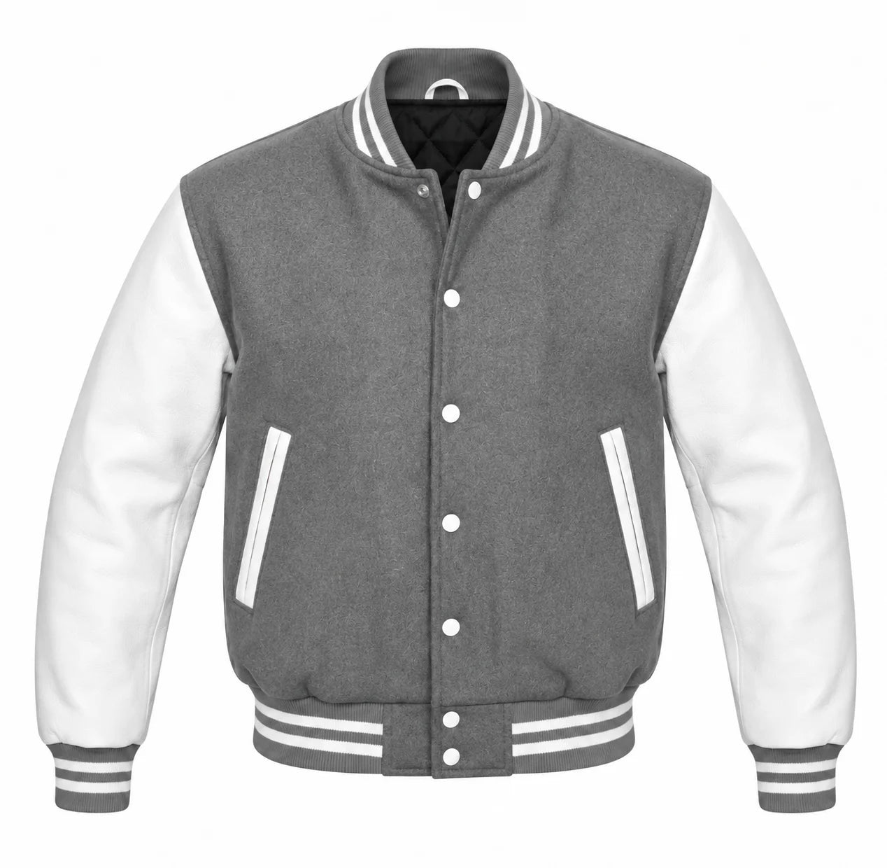 Grey and White Varsity Jacket with Wool Body and Leather Sleeves