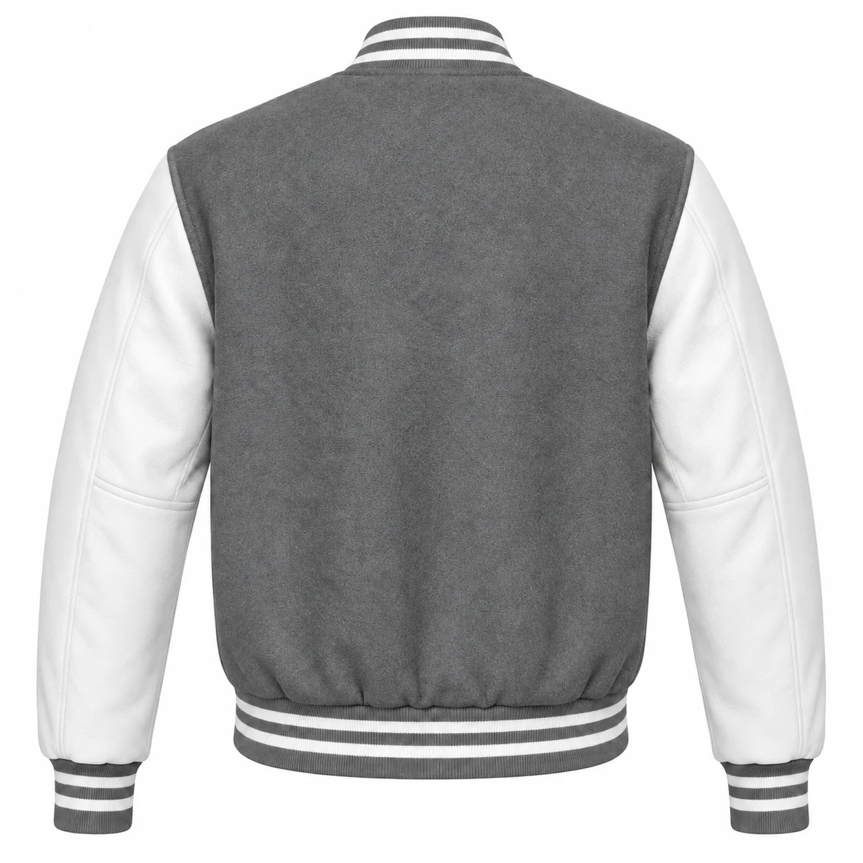 Grey and White Varsity Jacket with Wool Body and Leather Sleeves Back View