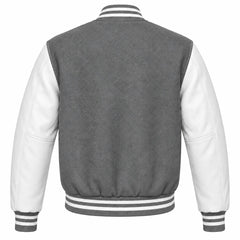 Grey and White Varsity Jacket with Wool Body and Leather Sleeves Back View