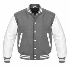 Grey and White Varsity Jacket with Wool Body and Leather Sleeves