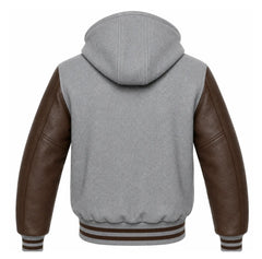 Grey and Brown Letterman Jacket with Hood