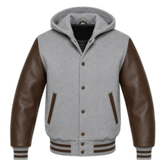 Grey and Brown Letterman Jacket with Hood