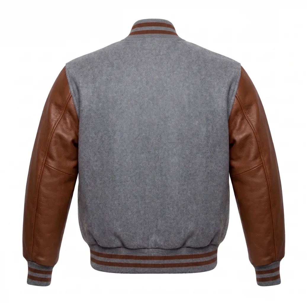 Grey and Brown Varsity Jacket with Wool Body and Leather Sleeves Back View