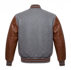 Grey and Brown Varsity Jacket with Wool Body and Leather Sleeves Back View