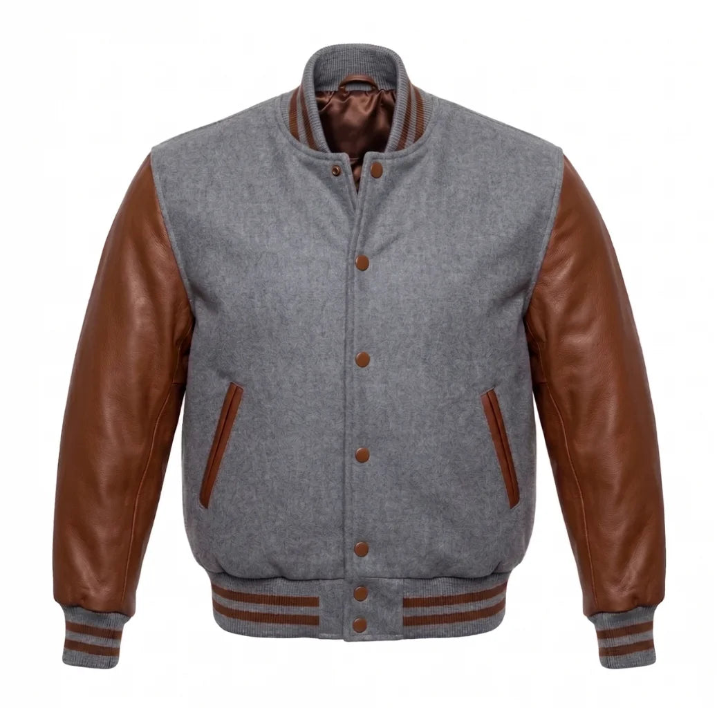 Grey and Brown Varsity Jacket with Wool Body and Leather Sleeves