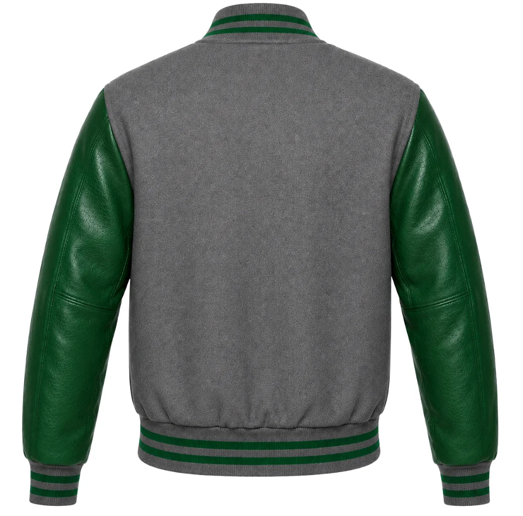 Grey wool varsity jacket with green leather sleeves, back view