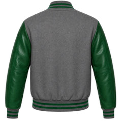 Grey wool varsity jacket with green leather sleeves, back view