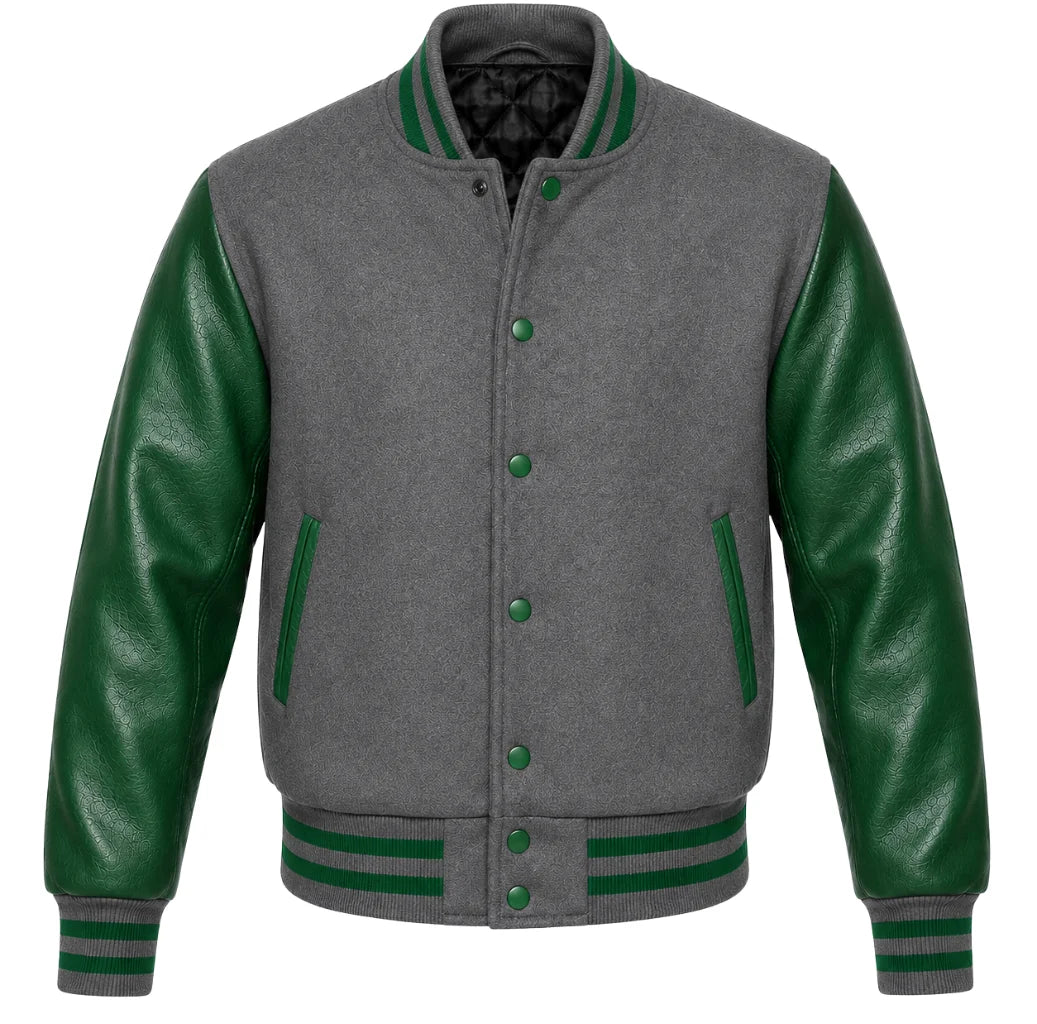 Grey melton wool varsity jacket with green cowhide leather sleeves, front view