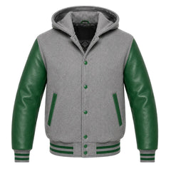 Grey and Green Varsity Jacket with Hood