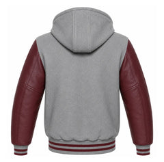 Grey and Maroon Letterman Jacket with Hood