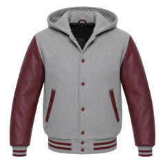 Grey and Maroon Letterman Jacket with Hood