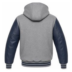 Grey and Navy Blue Hooded Varsity Jacket