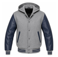 Grey and Navy Blue Hooded Varsity Jacket