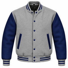 Grey and Navy Blue Wool Letterman Jacket