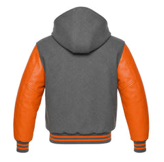 Grey and Orange Hooded Letterman Jacket