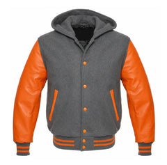 Grey and Orange Hooded Letterman Jacket