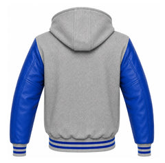 Grey and Royal Blue Varsity Jacket with Hood