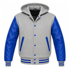 Grey and Royal Blue Varsity Jacket with Hood