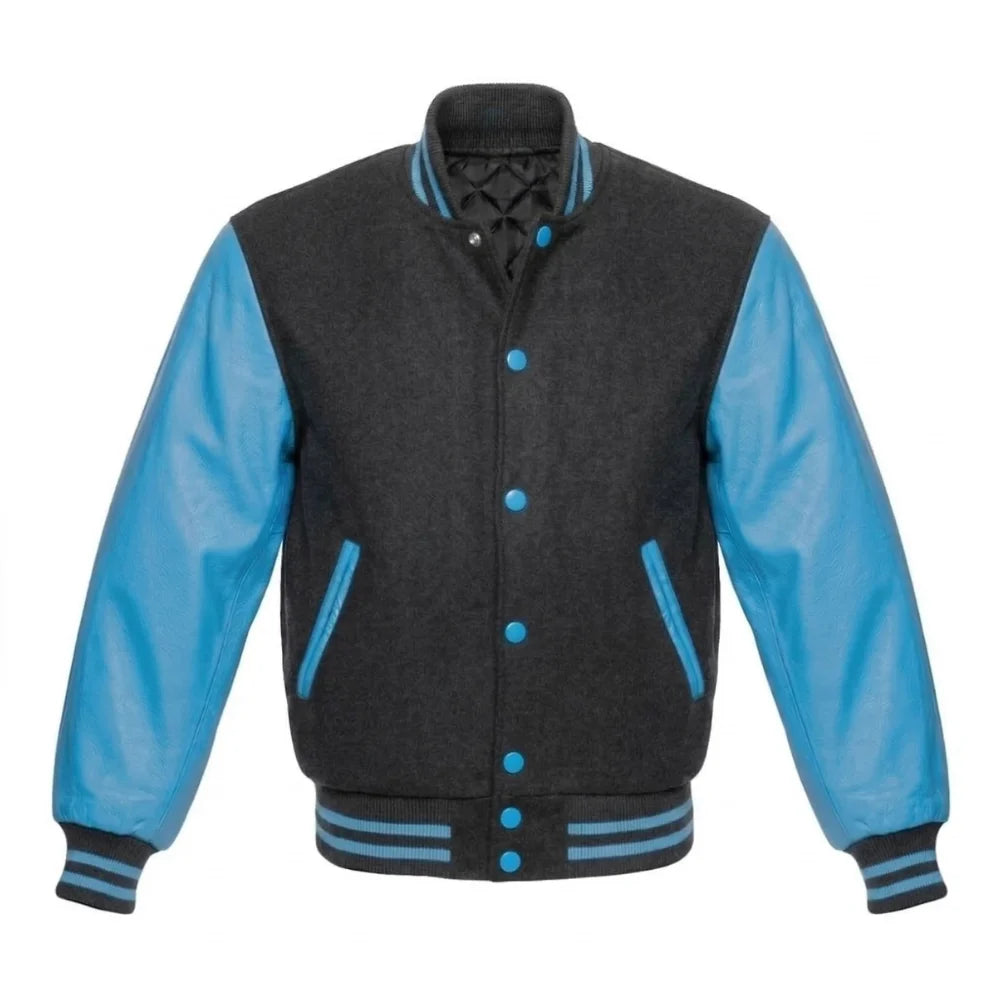 Grey and Sky Blue Varsity Jacket with Wool Body and Leather Sleeves