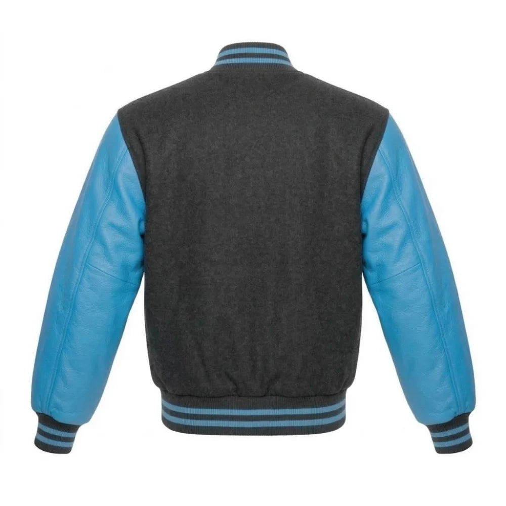 Grey and Sky Blue Varsity Jacket with Wool Body and Leather Sleeves Back Side