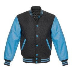 Grey and Sky Blue Varsity Jacket with Wool Body and Leather Sleeves