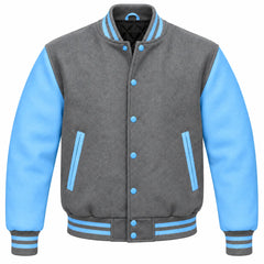 Grey and Sky Blue Wool Letterman Jacket