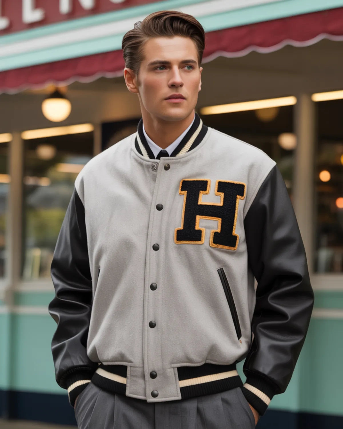 Man wearing a gray and black varsity jacket with a large 'H' on it, standing in front of a building.