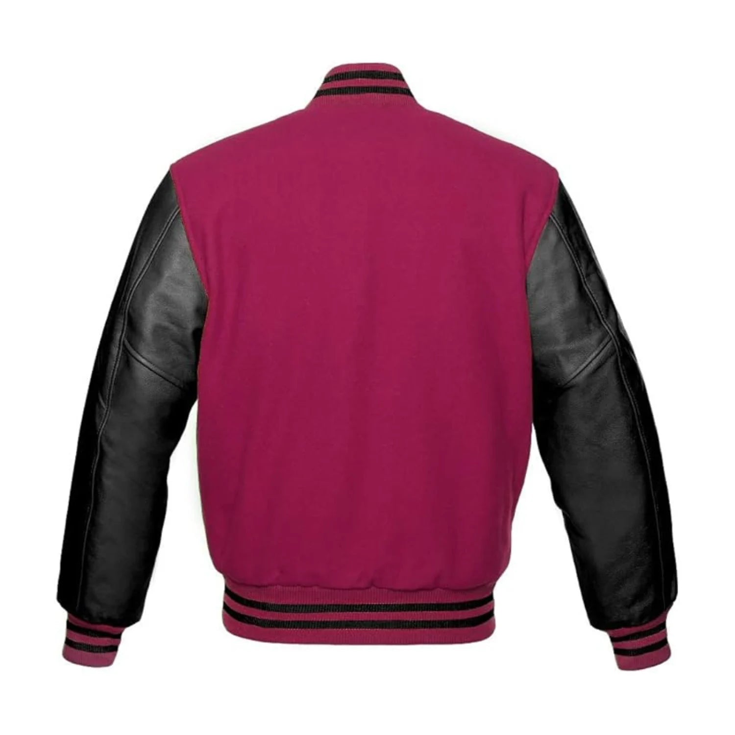 Hot Pink Wool and Black Leather Varsity Jacket Back Side