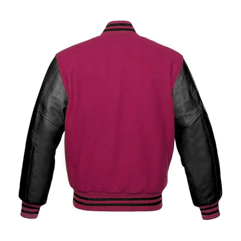 Hot Pink Wool and Black Leather Varsity Jacket Back Side