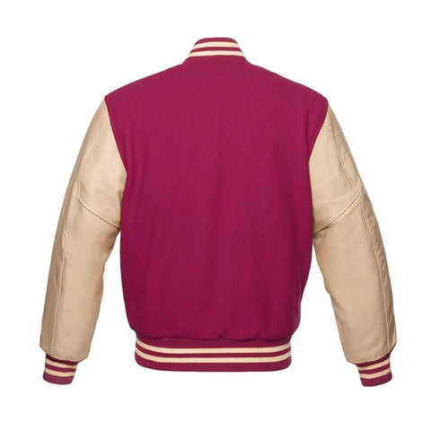 Hot Pink Wool and Cream Leather Varsity Jacket Back Side