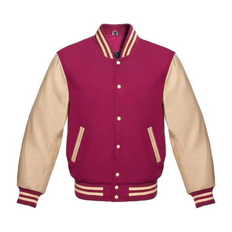 Hot Pink Wool and Cream Leather Varsity Jacket
