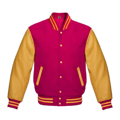 Hot Pink Wool and Gold Leather Varsity Jacket